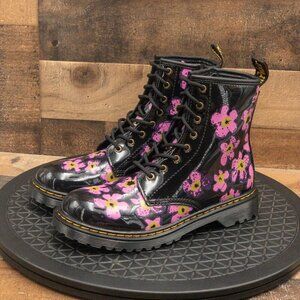 DR MARTENS PASCAL 1460Y WOMENS BOOTS FLORAL PRINT PATENT LEATHER ZIP LACE SZ 6